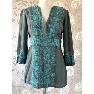 Monsoon 12 Blouse Tunic Embroidered Hippy Boho Turquoise Khaki